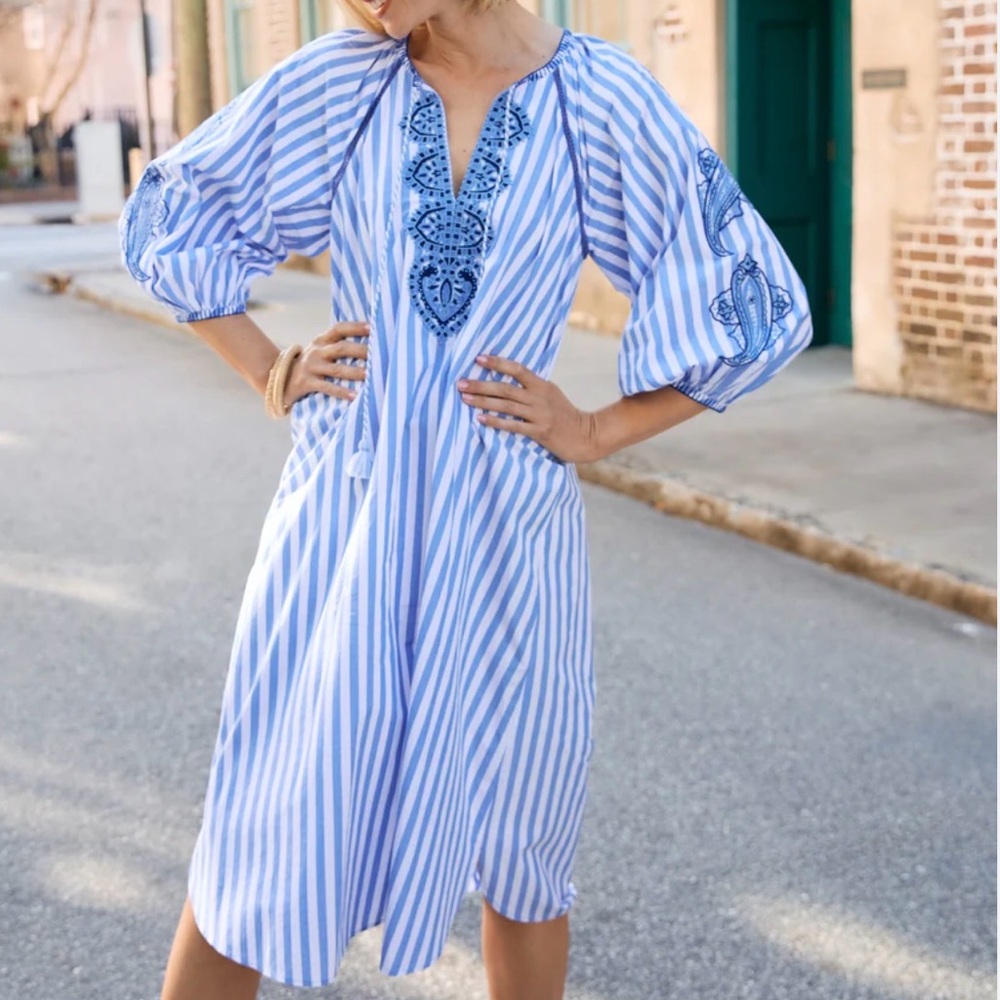 J. McLaughlin Blue and White Striped Embroidered Midi Dress
